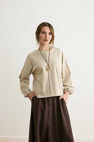 Şerit Dikişli Uzun Kollu Tişört Taş - 1