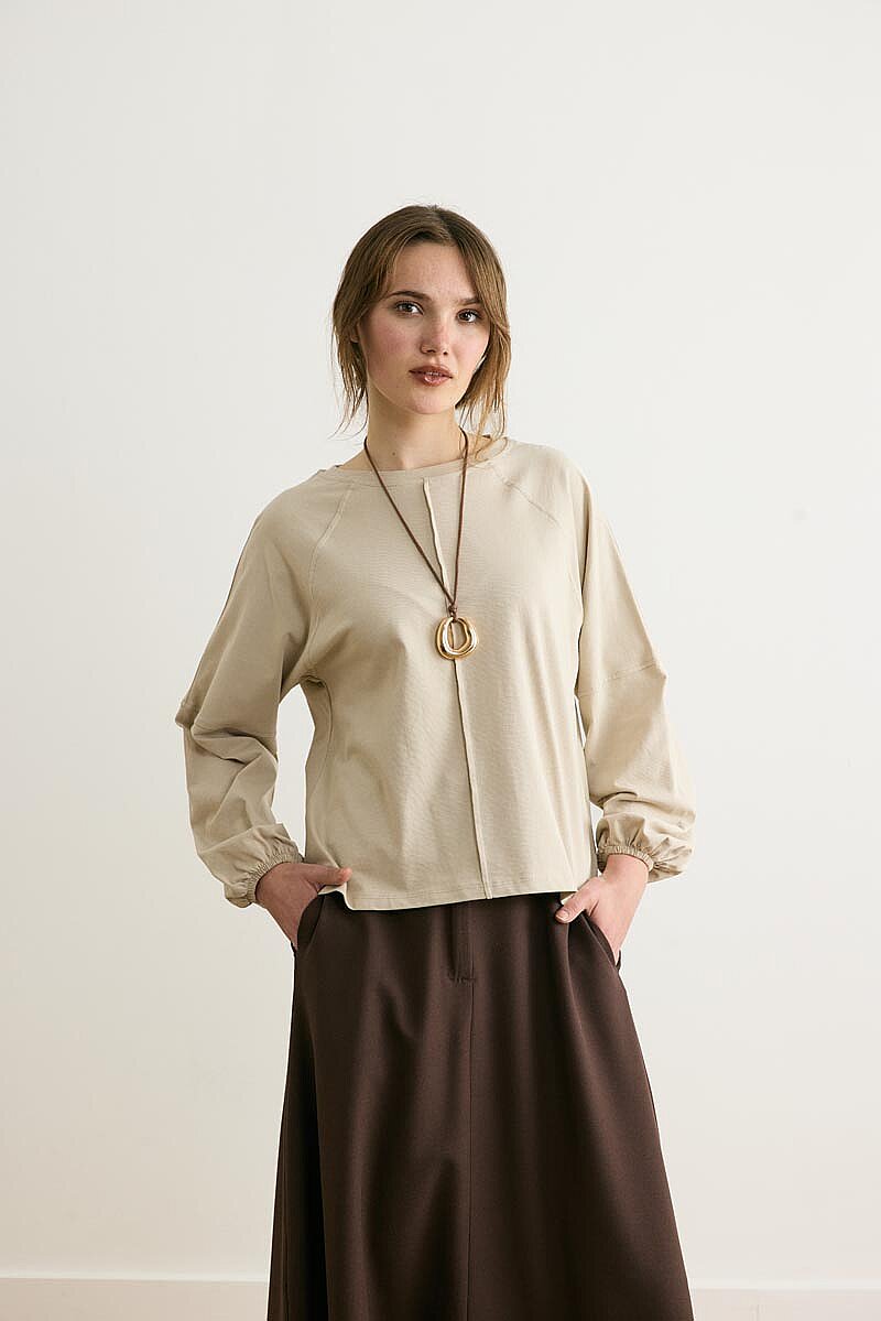 Şerit Dikişli Uzun Kollu Tişört Taş 