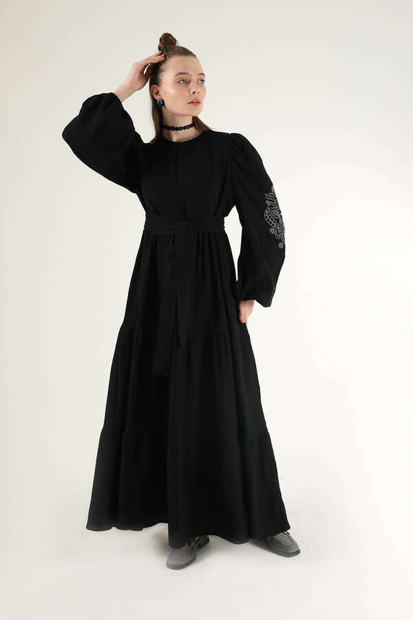 Shirred Detailed Belted Dress Black - 1