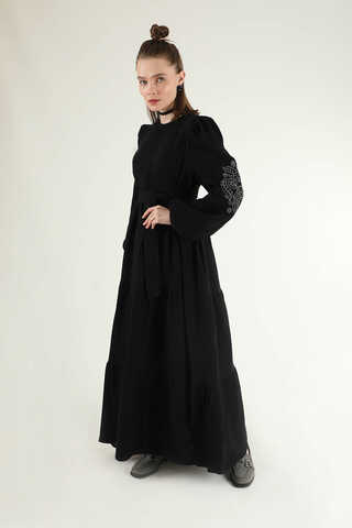 Shirred Detailed Belted Dress Black - 3