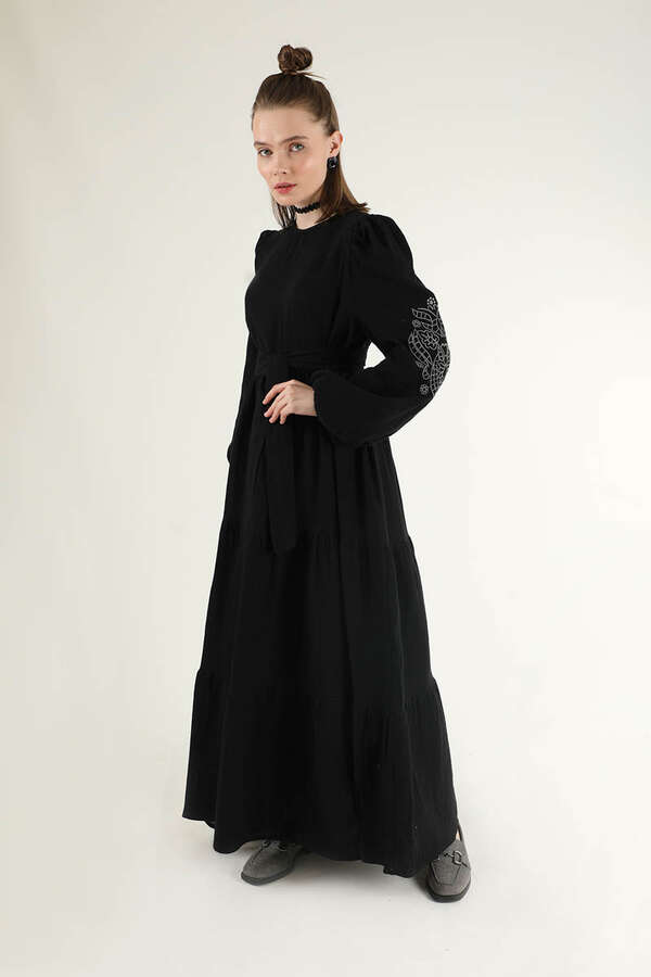Shirred Detailed Belted Dress Black - 3