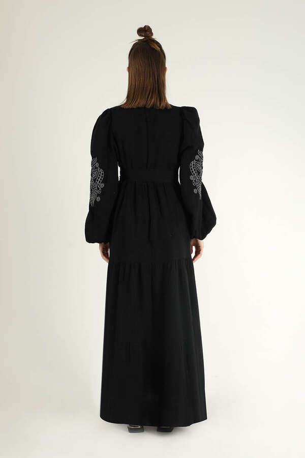 Shirred Detailed Belted Dress Black - 5