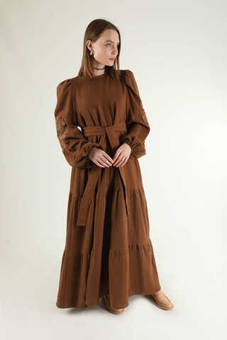 Shirred Detailed Belted Dress Brown - 1