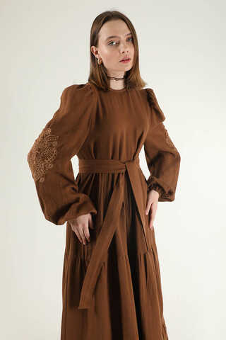 Shirred Detailed Belted Dress Brown - 2