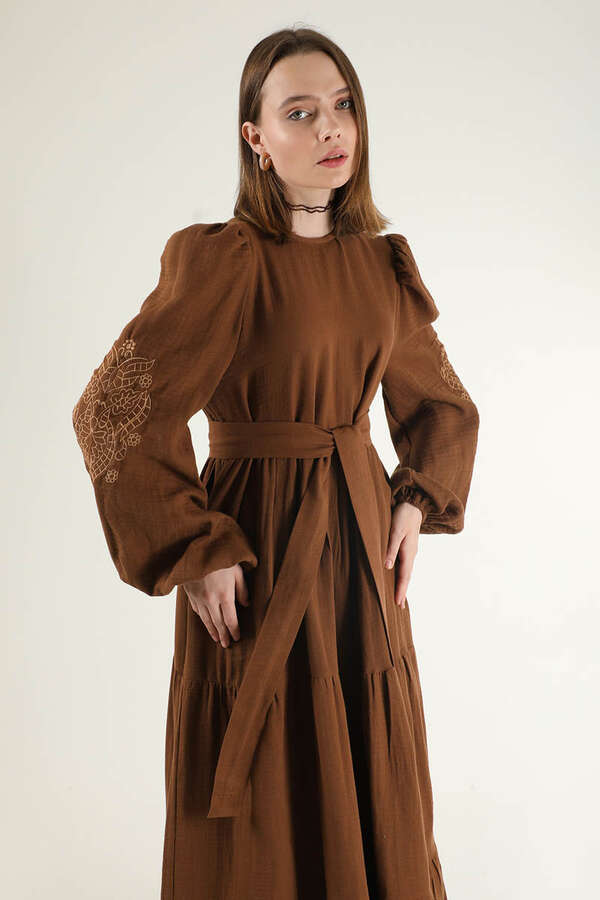 Shirred Detailed Belted Dress Brown - 2