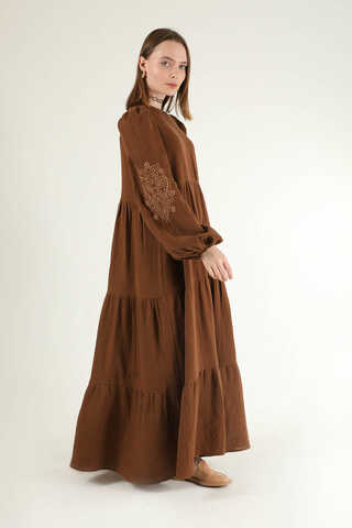 Shirred Detailed Belted Dress Brown - 3