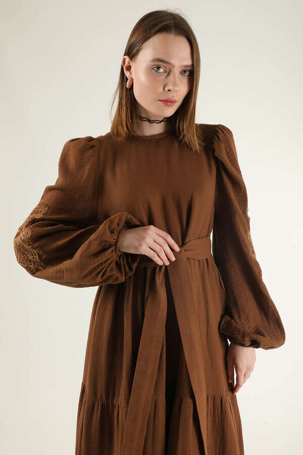 Shirred Detailed Belted Dress Brown - 4