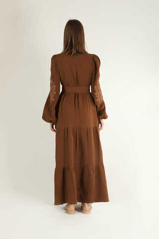 Shirred Detailed Belted Dress Brown - 5