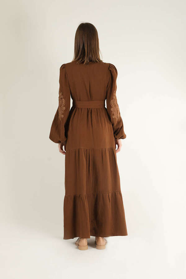 Shirred Detailed Belted Dress Brown - 5