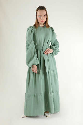 Shirred Detailed Belted Dress Mint - 1