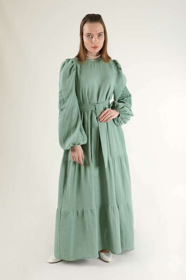 Shirred Detailed Belted Dress Mint - 1