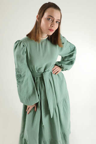 Shirred Detailed Belted Dress Mint - 2