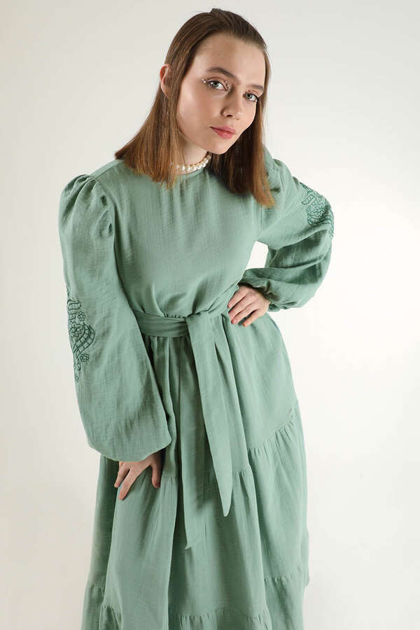 Shirred Detailed Belted Dress Mint - 2
