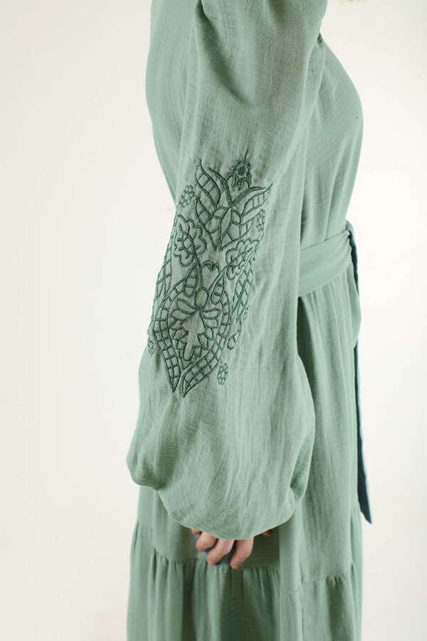 Shirred Detailed Belted Dress Mint - 4