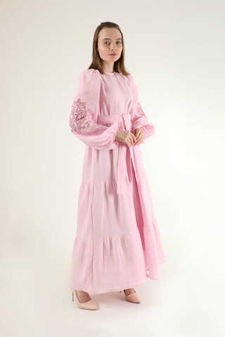 Shirred Detailed Belted Dress Pink - 3