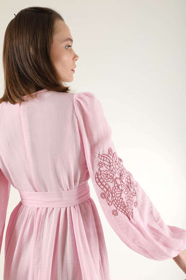 Shirred Detailed Belted Dress Pink - 4