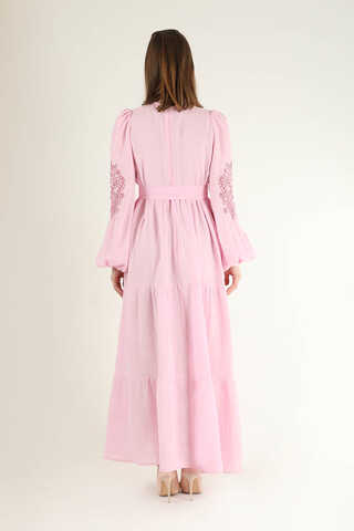 Shirred Detailed Belted Dress Pink - 5