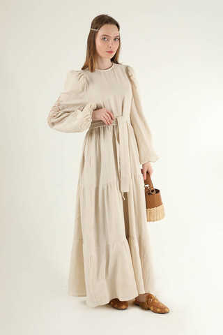 Shirred Detailed Belted Dress Stone - 3