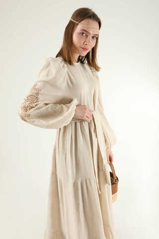 Shirred Detailed Belted Dress Stone - 2