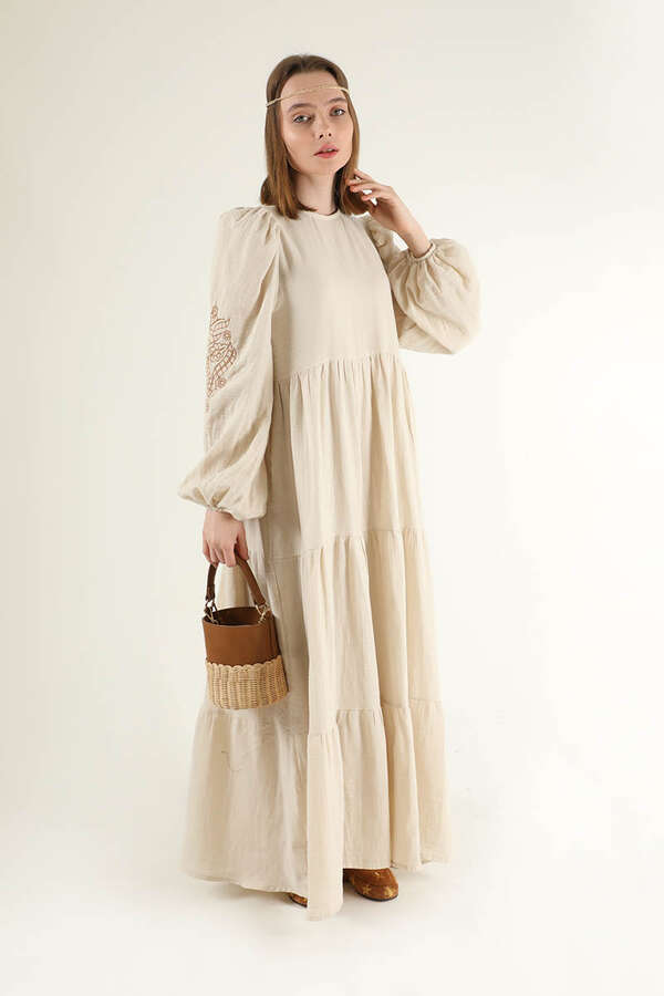 Shirred Detailed Belted Dress Stone - 1