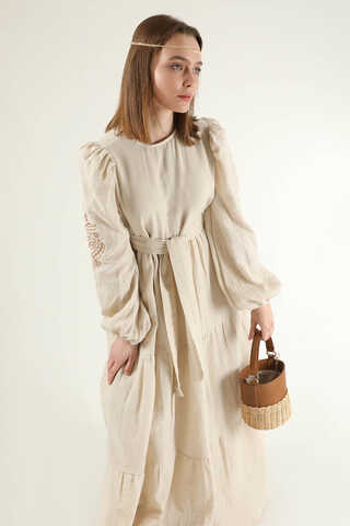 Shirred Detailed Belted Dress Stone - 4