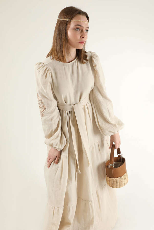 Shirred Detailed Belted Dress Stone - 4