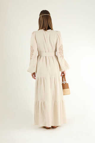 Shirred Detailed Belted Dress Stone - 5