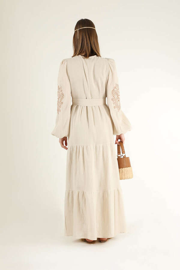 Shirred Detailed Belted Dress Stone - 5