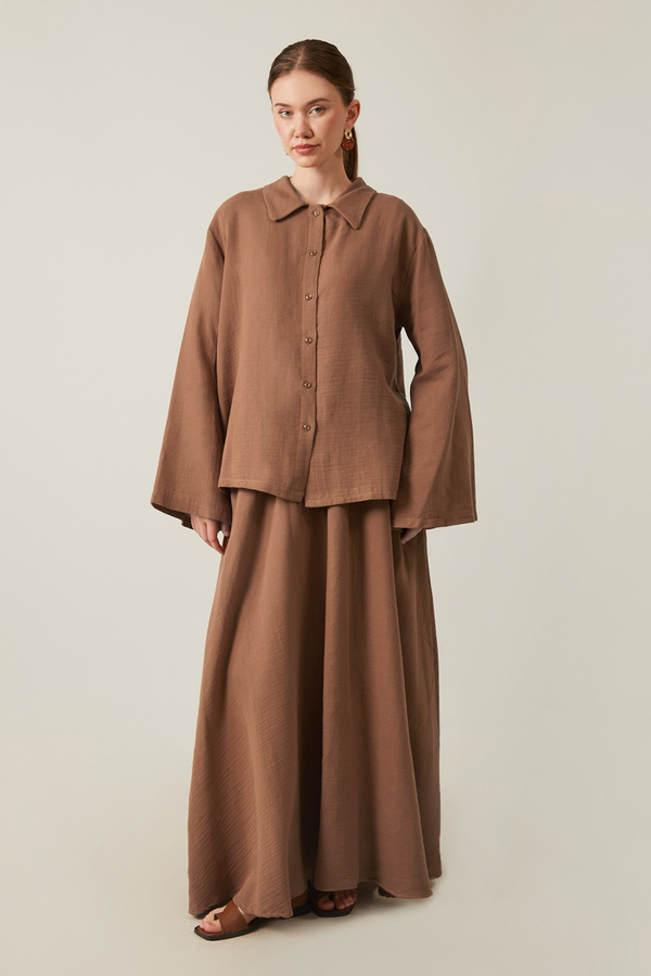 Shirt Collar Muslin Set Brown - 1