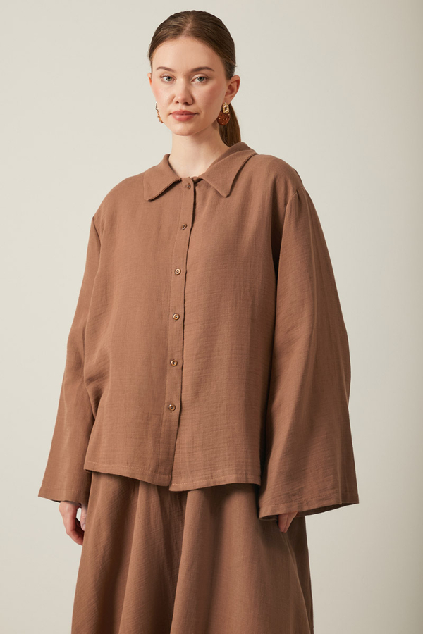 Shirt Collar Muslin Set Brown - 2