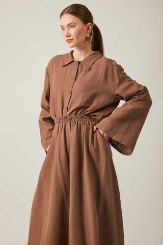 Shirt Collar Muslin Set Brown - 9