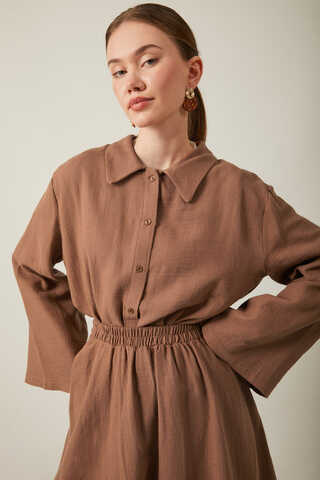 Shirt Collar Muslin Set Brown - 10