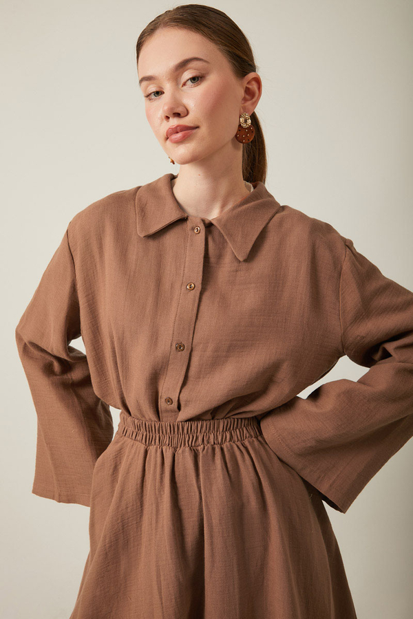 Shirt Collar Muslin Set Brown - 10