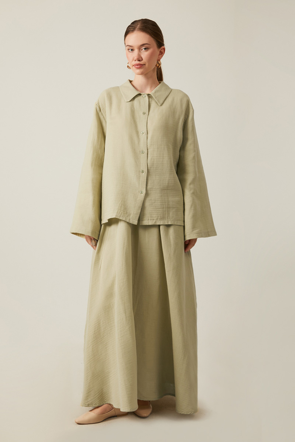 Shirt Collar Muslin Set Khaki - 2