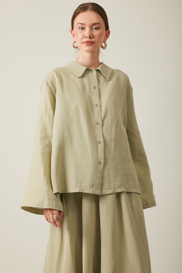 Shirt Collar Muslin Set Khaki - 1