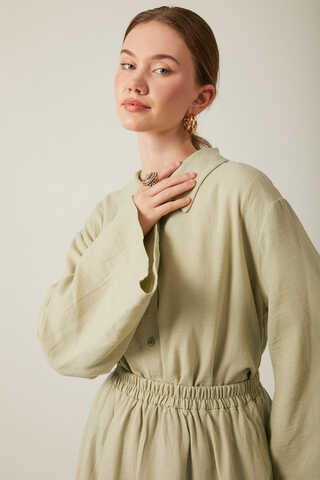 Shirt Collar Muslin Set Khaki - 10