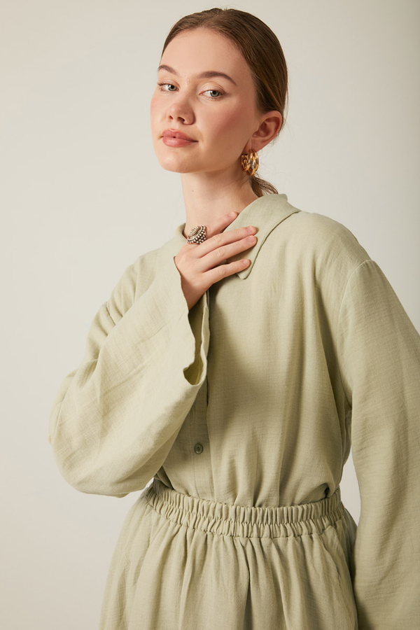 Shirt Collar Muslin Set Khaki - 10