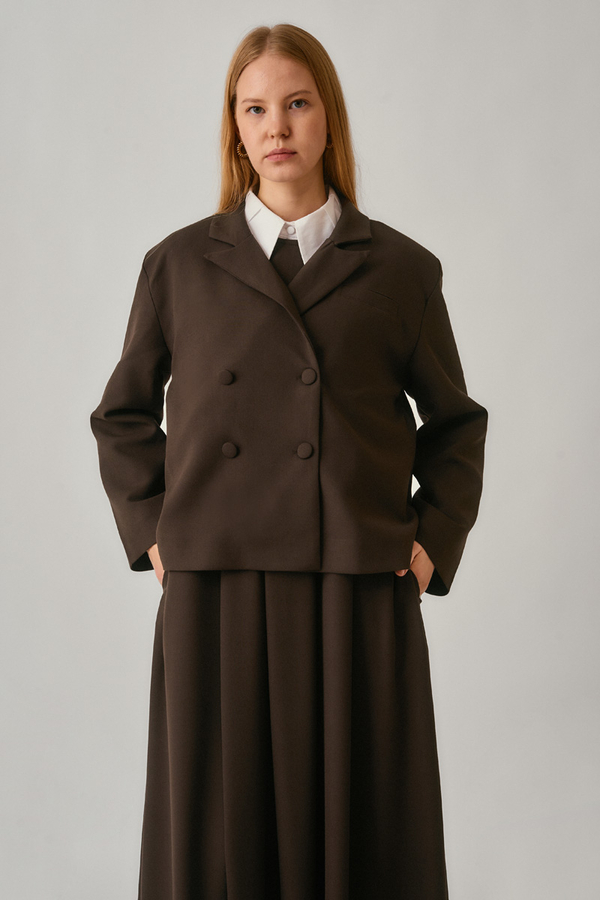Short Double-Breasted Jacket Dark Brown - 5