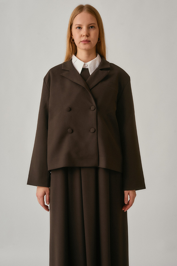 Short Double-Breasted Jacket Dark Brown - 1