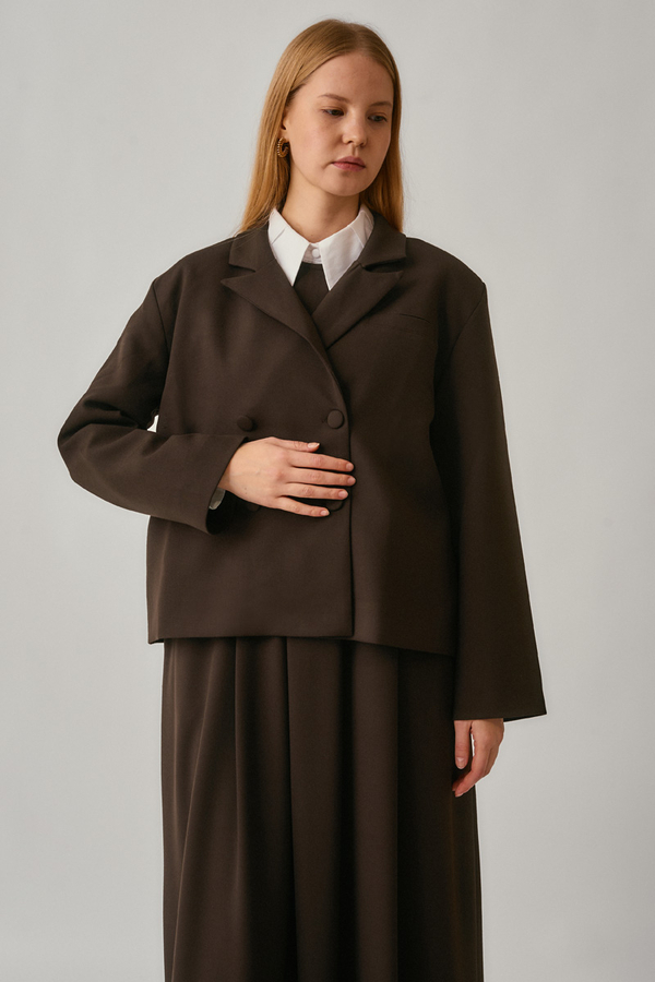 Short Double-Breasted Jacket Dark Brown - 6