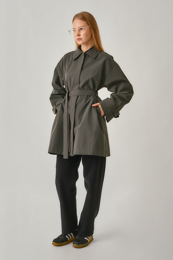 Short Trench Coat with Dropped Shoulders Anthracite - 4