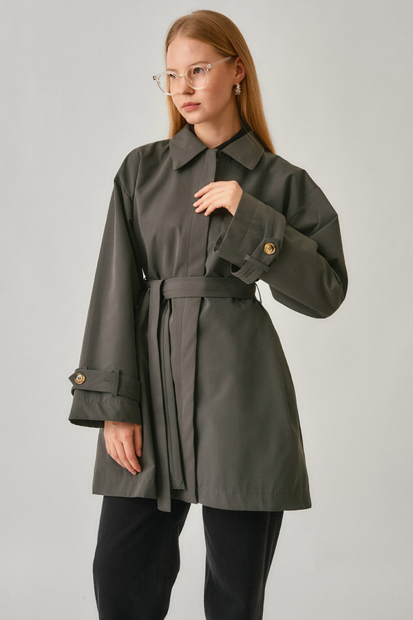 Short Trench Coat with Dropped Shoulders Anthracite - 2