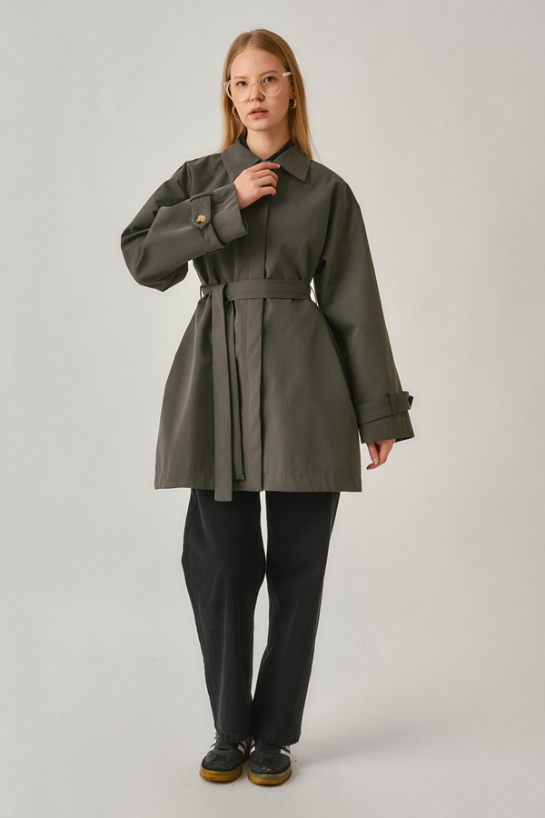 Short Trench Coat with Dropped Shoulders Anthracite - 9
