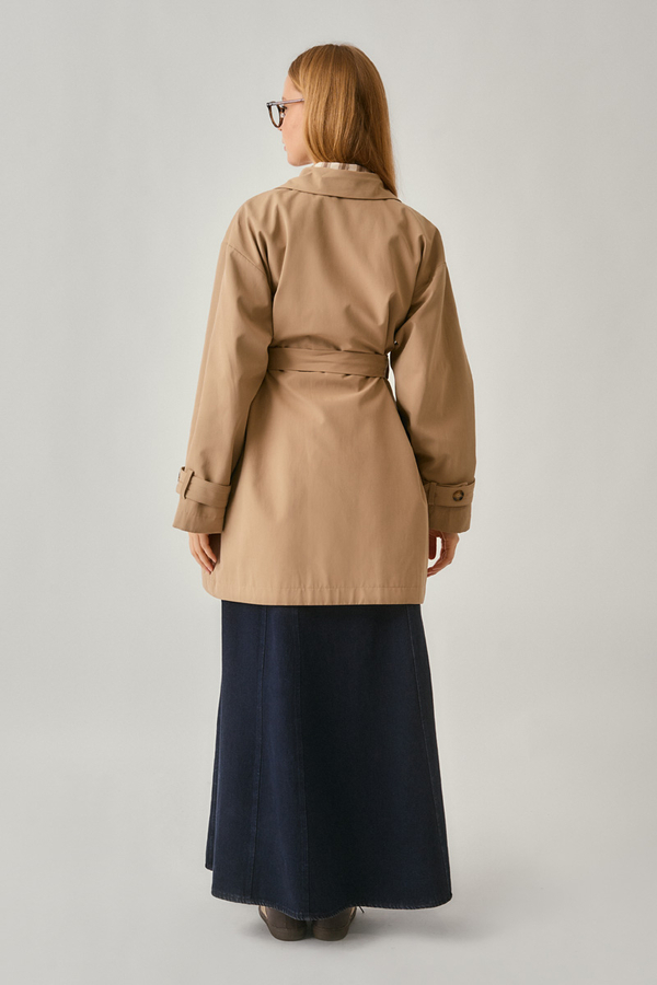 Short Trench Coat with Dropped Shoulders Beige - 13