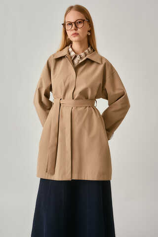 Short Trench Coat with Dropped Shoulders Beige - 4