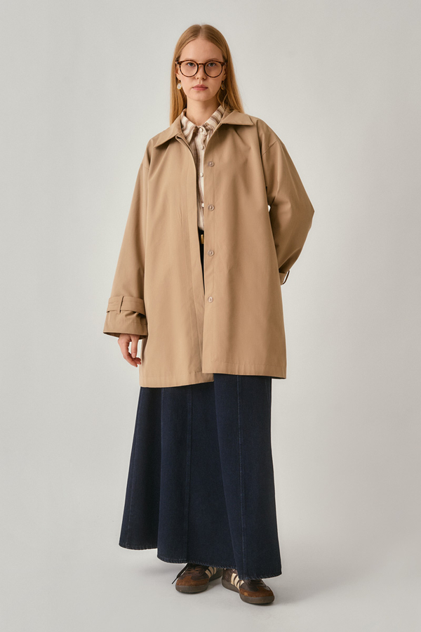 Short Trench Coat with Dropped Shoulders Beige - 5