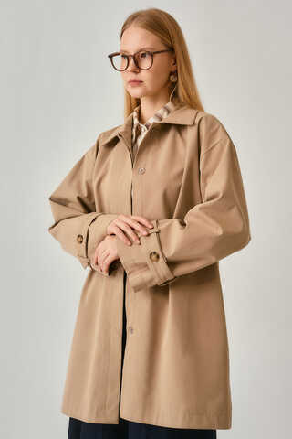 Short Trench Coat with Dropped Shoulders Beige - 1