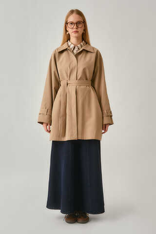 Short Trench Coat with Dropped Shoulders Beige - 2