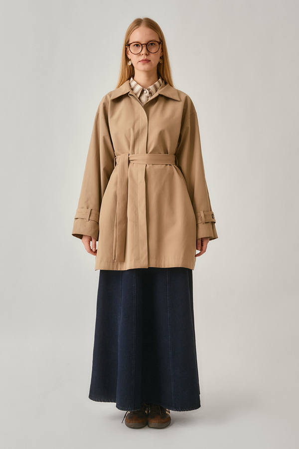 Short Trench Coat with Dropped Shoulders Beige - 2