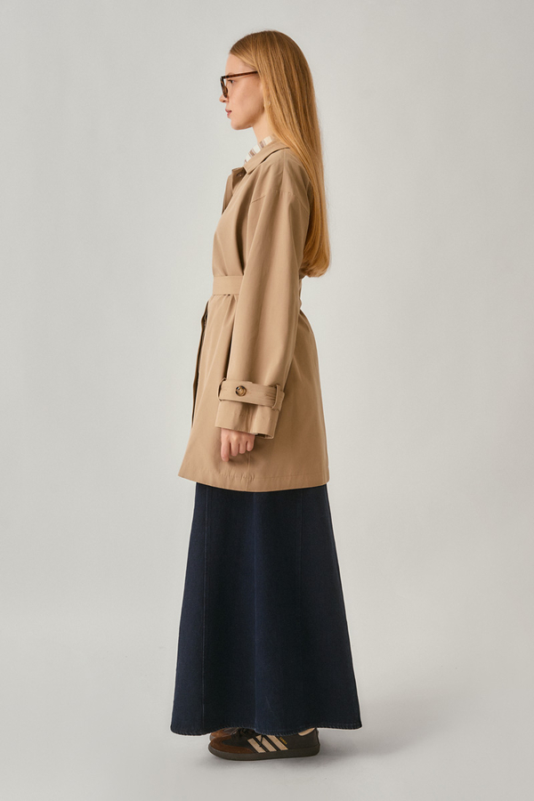 Short Trench Coat with Dropped Shoulders Beige - 3